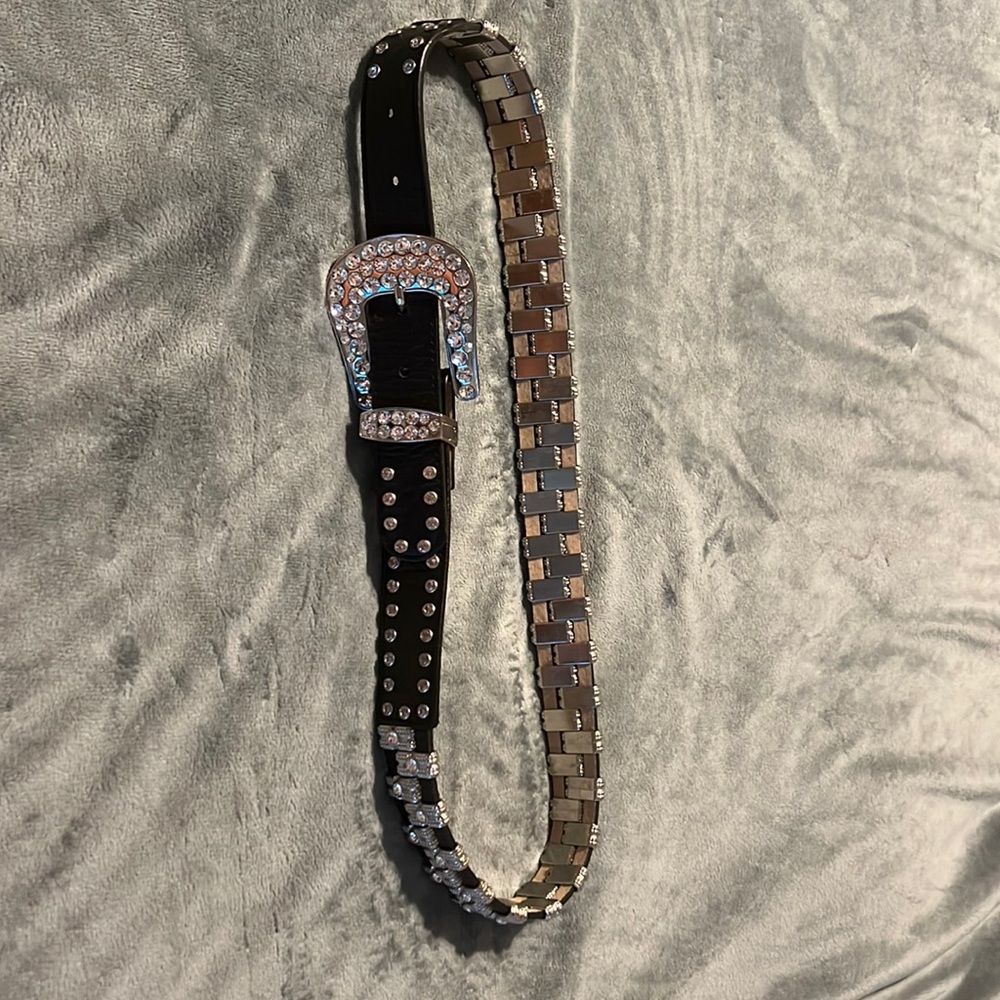 Beautiful chic, rhinestone genuine black leather belt